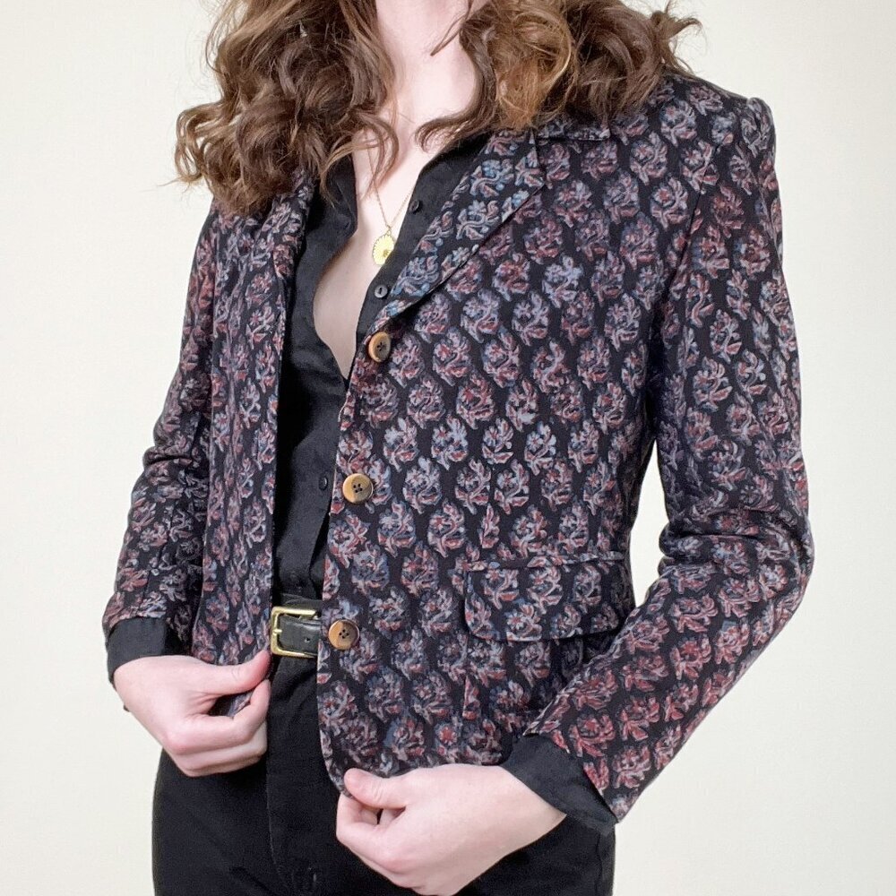 Vintage Hand Printed Floral Blazer Coat Suit Jacket Eclectic Boho Chic Bohemian